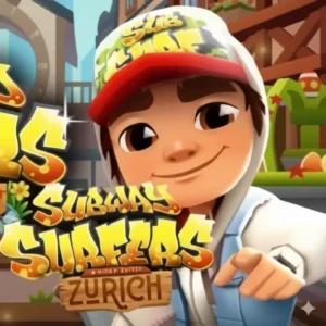 Jake, do Subway Surfers, aparece correndo de skate em uma estação de trem, com o logotipo do jogo online original Subway Surfers ao fundo.